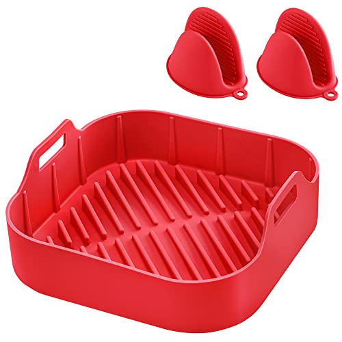 Upgraded Air Fryer Silikon, HEETA Wiederverwendbar Air Fryer Silicone Pot with Handschuhe 20cm Silikonform für Heißluftfritteuse Kompatibel mit Ninja/Tower/COSORI-Rot (Quadratisch) Cover