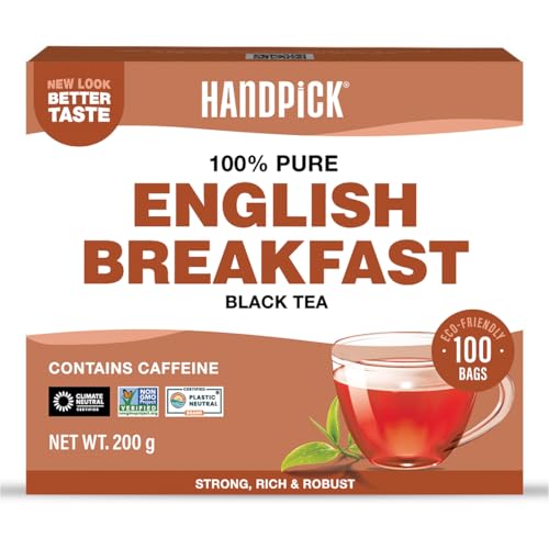 HANDPICK, Bolsitas de Té Negro English Breakfast (100 Unidades) | Fuerte y Robusto con Alto Contenido de Cafeína | No Transgénico | Té English Breakfast y Kombucha