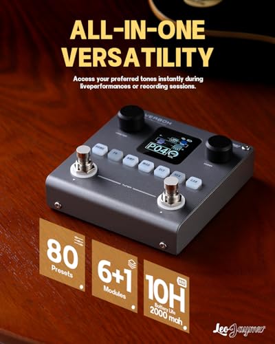 Leo Jaymz Portable Multi-Effects Guitar/Bass Amplifier Modeler Effects Processor with 6 Effects Modules, 80 Editable Presets & Rechargeable Battery