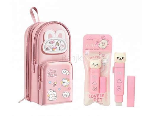 Image of Kawaii Cute Rabbit Pencil Pouch for Kids with Cute Cat Eraser Set | 6-Layer Multi-Pocket Pen Bag for Girls | School Stationery Kit Combo | Cute Bunny Design Pink Pouch