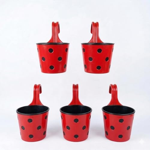 Image of Premium Hook Planter with Inner Pot | Polka Dot Hanging Planter for Balcony & Railings | Sturdy Plastic | Built-in Drainage | Vibrant Colours | Indoor & Outdoor Gardening (5, Red)