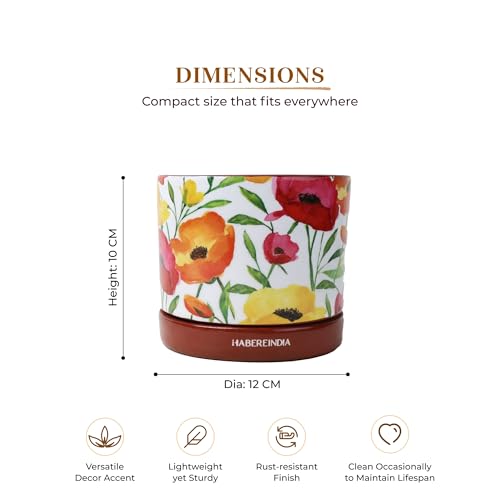 Image of Habere India-All the Cultures Fabricating India Floral Poppy Print Terracotta Planter with Saucer | Hand Painted Indoor Plant Pot | Breathable Clay Pot with Drainage Hole (Multi: L11 x W11 x H10 cm)