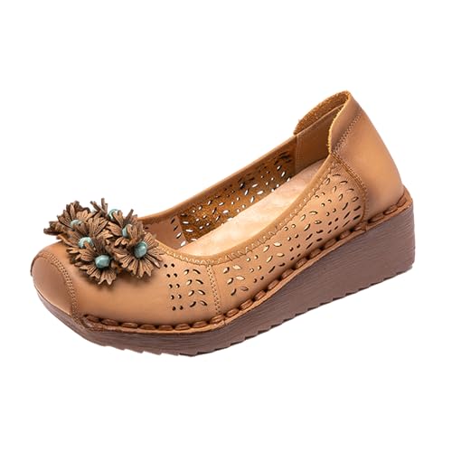 Women's Summer Wedge Pumps,Comfortable Breathable Hollow Closed Toe Non-Slip Oxford Soft Sole Floral Dress Heels Shoes