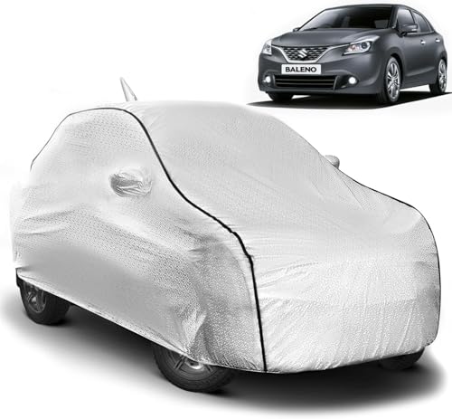 Image of Pivalo Car Cover for Maruti Baleno All Model & Years (2015-2025) 100% Waterproof with Mirror & Antenna Pocket Triple Stitched Bottom Elastic Dustproof Full Body Protection (Heat & UV Resistant,Silver)
