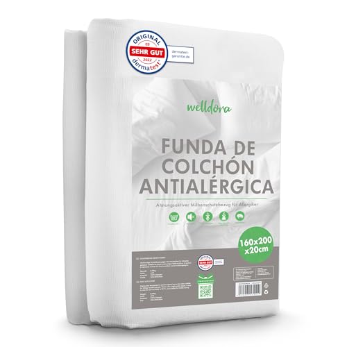 Welldora ǀ Funda Protectora Colchón Antiácaros ǀ Funda Protectora Colchón con Cremallera para Alérgicos Testado por un Especialista ǀ Ropa de Cama para Alérgicos (160x200x20cm)