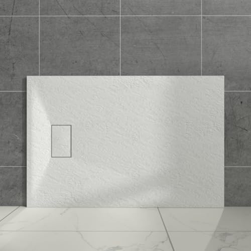 Aquariss White Rectangular Shower Tray Slate Effect SMC Slip-Resistant Shower Base for Bathroom Enclosures 1200x800mm with Waste
