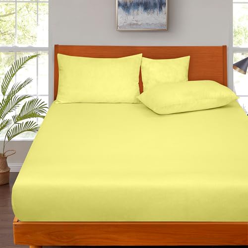 Image of ROYALE LINENS 300 Thread Count 100% Long Staple Combed Cotton Fitted Sheet Queen - Super Soft Deep Pocket Bottom Sheet - Fitted Sheets Only - Elastic Sheets (Queen, Yellow)