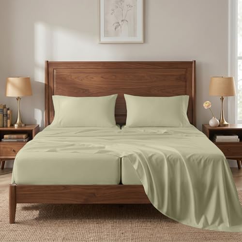 Image of 450TC 100% Cotton Split King Bed Sheets - Silky Smooth Sateen Weave, Linen