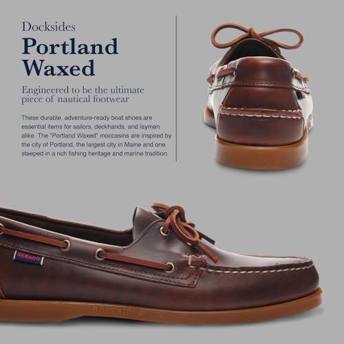 Image of Sebago Portland Waxed Boat Shoes - Handsewn Waxed Leather Moccasins with Leather Sock Lining and Non-Marking, Slip-Resistant Rubber Outsoles