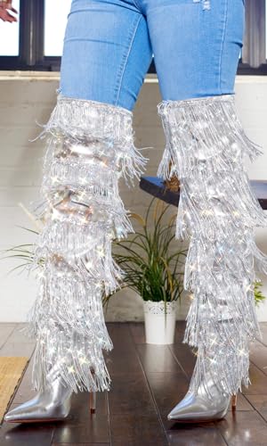 MissHeel Silver Sequin Fringe High Heel Boots Over the Knee Stiletto Boots2