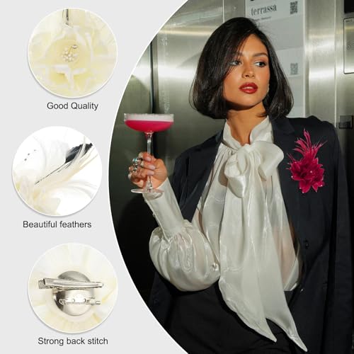 Broche floral elegante PATIKIL con plumas blanco y negro miniatura 3
