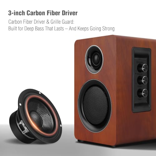 Image of Computer Speakers for Desktop PC, Active Bookshelf Speaker with 3 inch Carbon Fiber Woofer and Silk Film Tweeter, Supports Bluetooth 5.3, USB-C, AUX /RCA Input for Record Player TV - Brown Stereo Set
