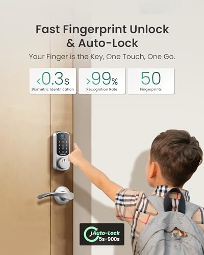 Image of DESLOC B200 Fingerprint Smart Lock with 2 Lever Handles, Keyless Entry Front Door Lock Set, Electronic Keypad Deadbolt, App Control, Auto Lock, Long Battery Life,Silver