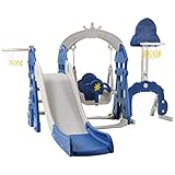 XHNCXHX Spielturm mit Rutsche und Baby Schaukel, Klettergerüst 5 in1 Outdoor Spielplatz, Rutsche Kinder Spielplatz mit Basketballkorb, Fußballtor, für 2-8 Jahre Kinder,Blue