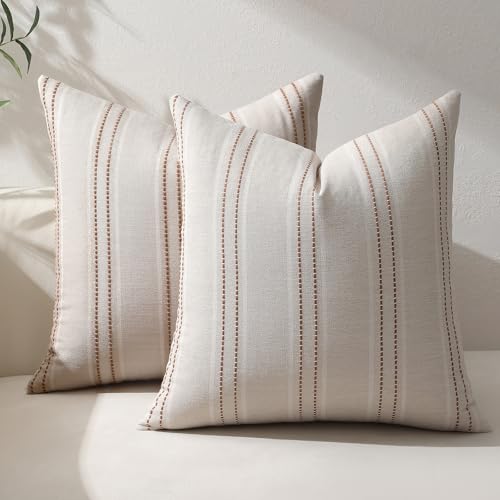 Hckot Fall Throw Pillow Covers 18x18 Set of 2 Striped Pillow Covers Textured Linen Decorative Pillows Square Cushion Covers for Sofa Couch Bed Living Room Farmhouse Decor(Rust)