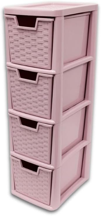 Khanary A5 Plastic Storage Drawer 3,4 Tier Medium Cabinet- Stackable Tower Slim Drawer Multi-tier Home, Kitchen,Bathroom,Desk,Office,School,Garage -62(H) x 25D x 19W cm (Pink, 4 Drawer)