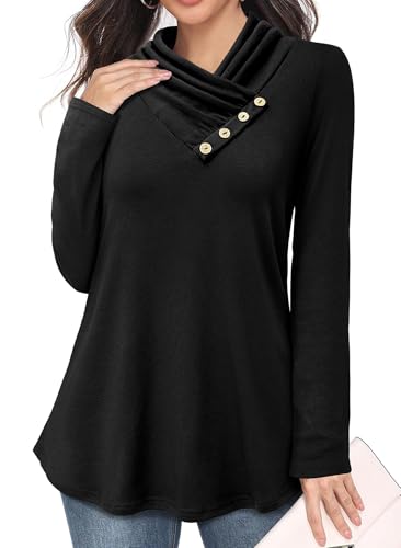 Bulotus Black sweatshirts for Women Work Office Lightweight Tunic Pullover Cowl Neck Sweatshirt Solid Business Casual Tops Formal Interview Winter Clothes Long Shirts for Leggings Black L