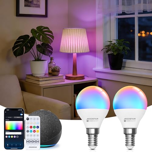 Aigostar Mesh - Alexa Glühbirne E14 Bluetooth Mesh G45 6.5W, Smarte Glühbirne Funktioniert mit Alexa, Smart Bulb LED 555LM RGB & 2700K-6500K, 2 Stücke (mit Bluetooth-Fernbedienung)