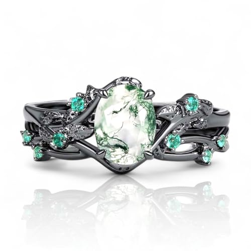 Oval Shaped Moss Agate Ring Set Black Gold Plated Silver Jewelry 2 pcs Wedding Ring Set Emerald Statement Gifts For Women
