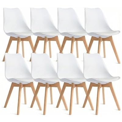 Dining Chairs Set of 8, Modern Upholstered Dining Room Chairs with PU Leather Padded Seat, Armless Kitchen Chairs with Curved Backrest and Solid Wood Legs for Dining Room, Kitchen, Apartment, White