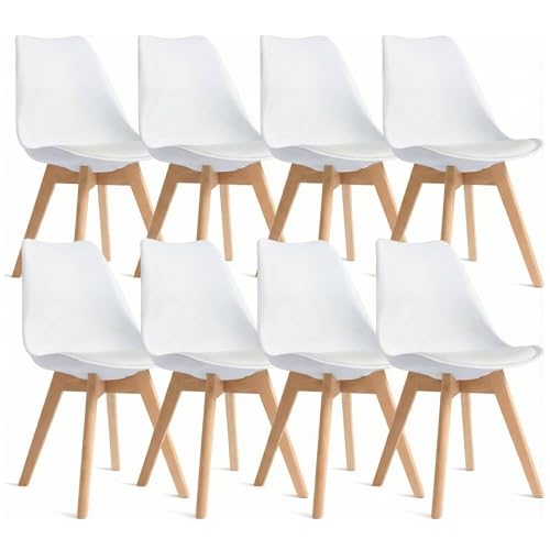 Dining Chairs Set of 8, Modern Upholstered Dining Room Chairs with PU Leather Padded Seat, Armless Kitchen Chairs with Curved Backrest and Solid Wood Legs for Dining Room, Kitchen, Apartment, White