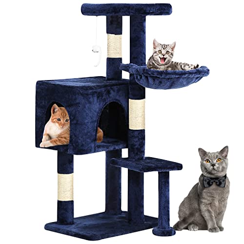 Image of BestPet | 37 inch Cat Tree Tower | Navy Blue | Sturdy Multi-Level Cat Tree