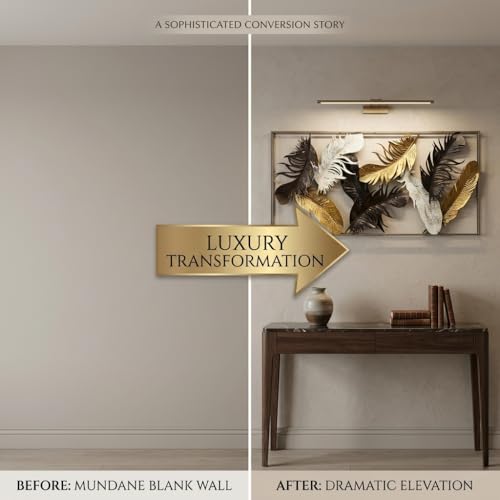 Image of Large 3D Metal Wall Art for Living Room - Framed Feather Wall Showpiece - Modern Sofa Back Wall Decoration Items & Aesthetic Bedroom Wall Hanging Decor - Big Size Home Interior Frame (Gold & Black)