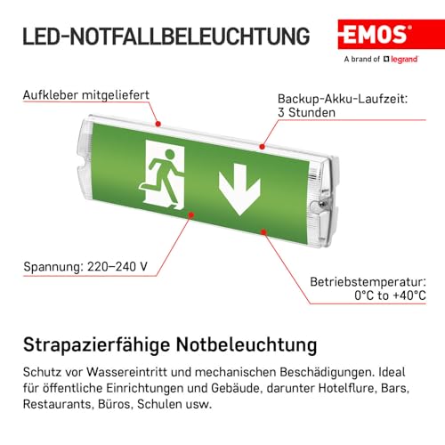 EMOS LED-Notbeleuchtung, Notausganglicht bis zu 3h Notfall-Modus, Fluchtwegleuchte mit Manuell-Prüftaste, inkl. Akkus, Notleuchte für Wandmontage, Dauerleuchte, Notausgangsschild, Weiß