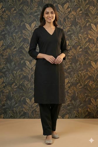 Image of JAIPUR HAND BLOCK Women's Cotton plain Straight Salwar Suit | V-Neck | 3 /4th Sleeve | Regular Fit | Daily, Office & Ethnic Wear(ST00125-V-NEW)