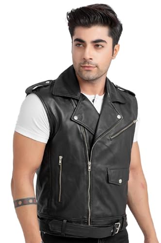 Men’s Vintage Lapel Style Collar Vest Negan Motorcycle Sheepskin Black Biker Riding Leather Weskit Vest for Mens2
