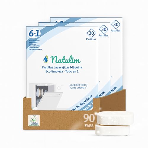 Natulim Pastillas de Lavavajillas 90 Usos - Biodegradables e Hidrosolubles 6 en 1 - Limpieza Profunda, Abrillantador, Función Sal, Protección Cristal, Descalcificador, Efecto Secado Extra - 3 Pack