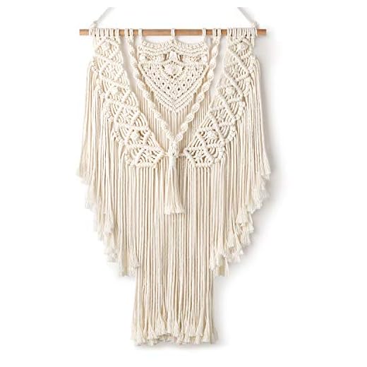 Bonthee Tapiz de pared de macramé, de 45 x 78 cm, grande, tejido de algodón, hecho a mano, decoración de habitación bohemia, beige