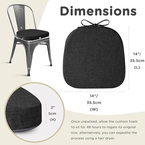 Image of AddGrace Set of 4 Chair Cushions for Metal Dining Chairs 14x14 Black | Non Slip,Washable Removable Cover with Ties, Textured, for Kitchen Dining Room Indoor, Hard Wooden Chairs, Family Gathering