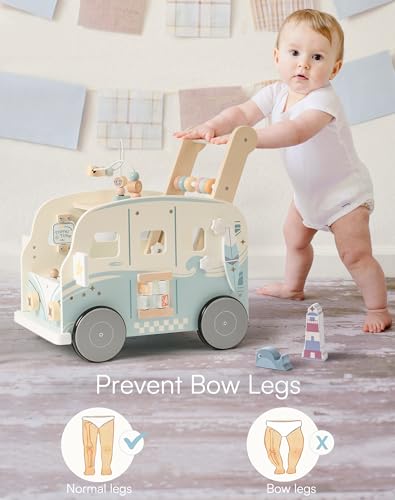 ROBUD Lauflernwagen Holz, Multifunktion Baby Lauflernhilfe mit & Rädern & Bauklötzen Spielgeräte Aktivitätszentrum Set, Baby Walker Spielzeug Geschenk für Kleinekinder Kinder 10 Monate - 1-2 Jahre