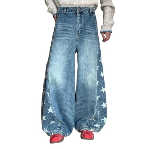 Barrel Jeans Men Stars Print Baggy Skater Denim Pants Y2K Washed Streetwear Barrel Leg Bottoms Loose Fit High Waist Relaxed