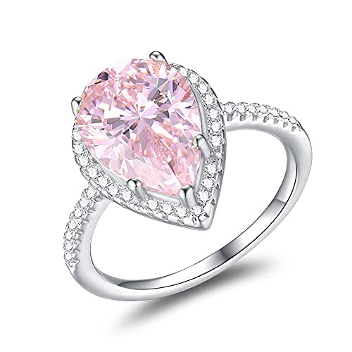 Mozume 5ct Pink Teardrop Cubic Zirconia Ring in 925 Sterling Silver Halo Pear Cut Cocktail Engagement Wedding Anniversary Band Rings (8)