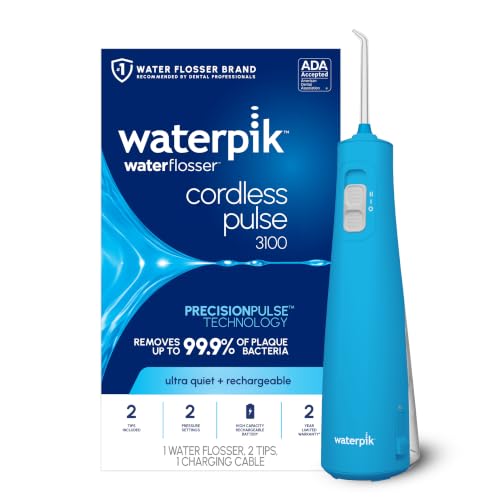 Image of Waterpik Cordless Pulse 3100 Portable Water Flosser, Rechargeable, Cyan | 2 Settings, 1 Precision Tip & 1 Tongue Cleaner Tip for Fresh Breath, Travel, Shower Use, ADA Accepted, WF-20 Amazon Exclusive