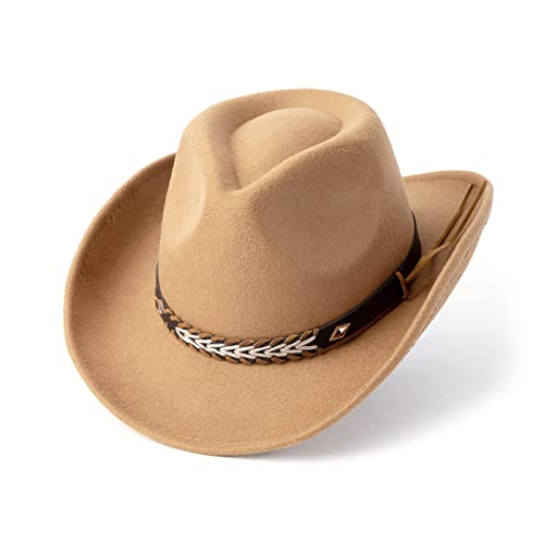 Gossifan WTT701-002 Western Cowboy & Cowgirl Hat Felt Wide Brim Women Men Fedora Hats-Camel cover