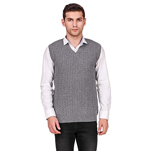 Image of Men's Wool Blend V-Neck Self Design Solid Sleeveless Sweater Grey