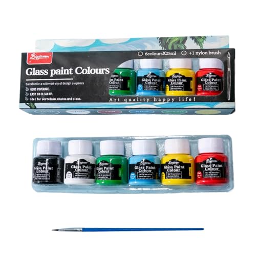 Glass Paint Kit - 6 Colors with Paint Pen, 25ml Non-toxic for Ceramic, Strong Covering Power for Crystal, Window and Wine Bottles