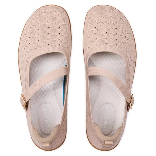 Frank Mully Bailarinas de mujer de talla grande Mary Jane para mujer, cómodas zapatillas de punto con puntera ancha y correas ajustables, Caqui Hueco, 37 EU