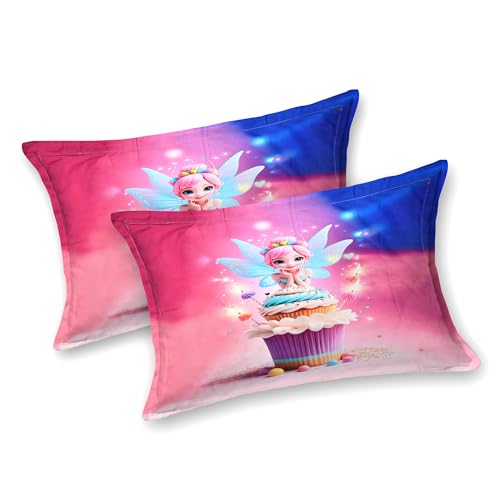 Image of Dream Weaverz 7D Bedsheet for Double Bed King Size with 2 Pillow Covers | Digital Printed & Fitted Elastic for Kids | Soft Glaze Cotton Feel | Fits Upto 12 Inch Mattress (Fairy & Cupcake)