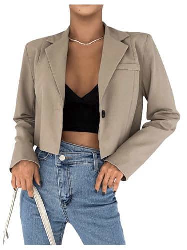 SweatyRocks Women's Shawl Collar Crop Blazers Long Sleeve Button Jackets Outwear