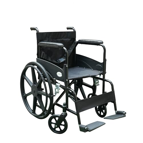 Image of Entros Foldable Wheelchair for Adults & Patients | Magwheel Manual Wheelchair with Swing-Away Footrests & Comfortable Upholstery Seat, Black | Ideal For Old People & Patient, 875G