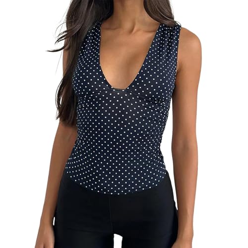 Koitniecer Women Polka Dot Tank Top Y2K Sleeveless Deep V Neck Going Out Crop Tops Summer Vintage Slim Fit Cami Shirt (Navy Blue, S)