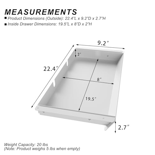 Image of White Large Under Desk Mounted Sliding Drawer with 2 Cable Hole and 60 Degree Tilt Panel to Pull Out, 22.4'' Long & 9.2'' deep Large Storage Organizer for Sit Stand Workstation