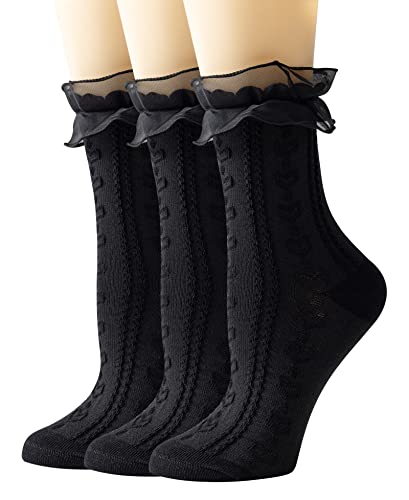 Image of SEMOHOLLI Women's Ruffle Socks - Mid-Calf, Lace Ruffle Frilly Comfortable Cotton Princess Socks