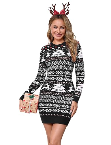 Bresdk Weihnachtsoutfit Damen Strickkleid Christmas Sweater Dress Damen Langarm Weihnachts Strickkleid Rundhals Pulloverkleid für Frauen Schwarz S