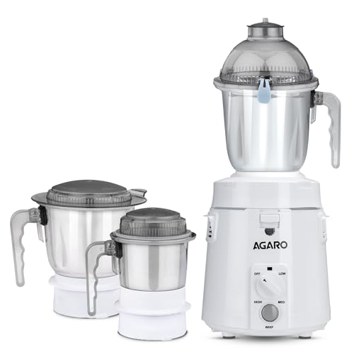AGARO Royal Mixer Grinder 900W, Heavy Duty, 100% Pure Copper Motor, 3 Stainless Steel Jar, 3 Speed, Whip Function, Stainless Steel Blades, Wet & Dry Grinding, White