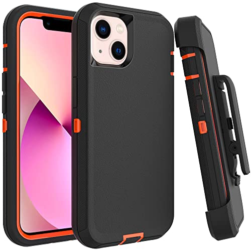 Image of Case for iPhone 13 Mini with Clip, Heavy-Duty Tough Rugged Shockproof Drop Protective Cover Phone Cases, Black+Orange